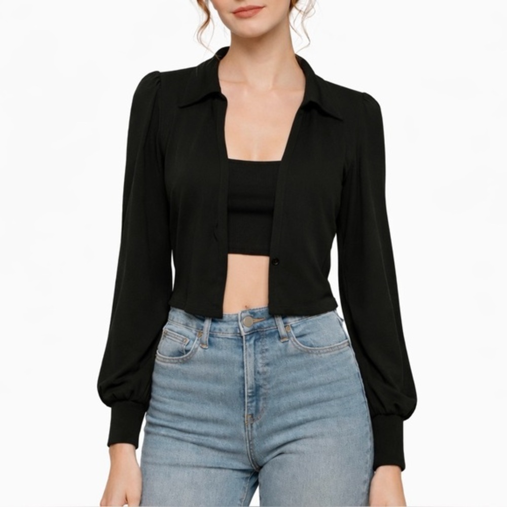 AFRM Black Long Sleeve Open-Front Puff Sleeve Top S